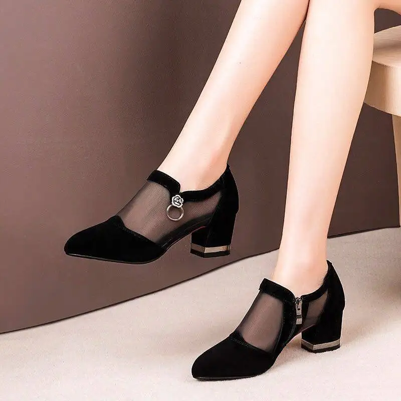 

Summer Women High Heel Shoes Mesh Breathable Pumps Zip Pointed Toe Thick Heels Fashion Female Shoes Elegant Footwear Sandals