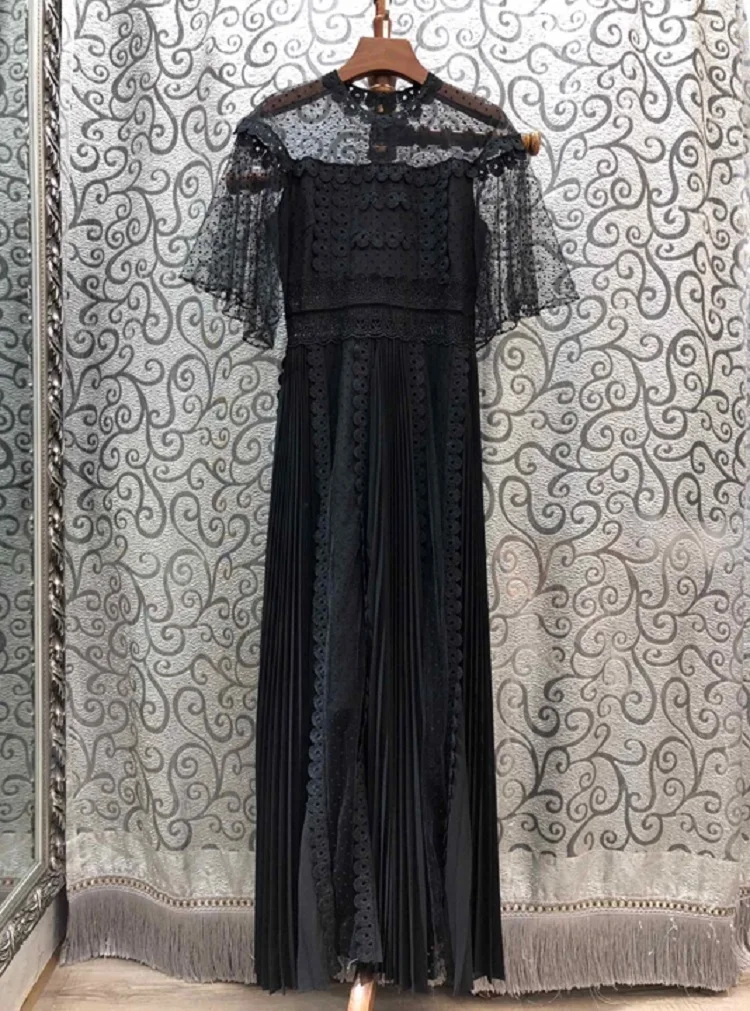 

Quality New Top 2021 Spring Summer Long Party Evening Women Sexy Sheer Mesh Appliques Lace Embroidery Elegant Long Maxi Dress