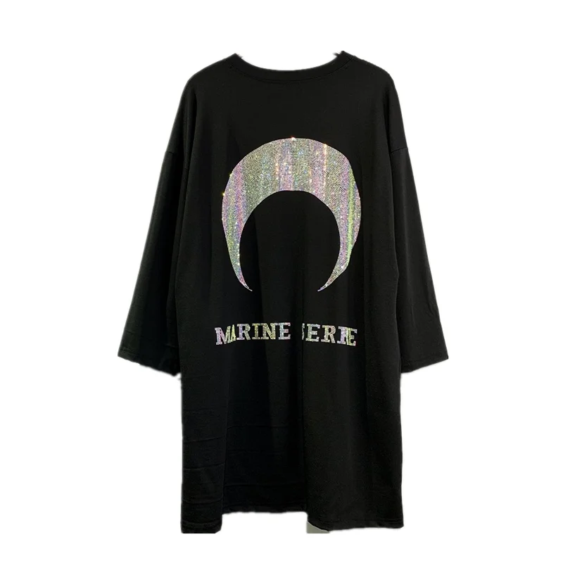 

QING MO Hot Drilling Large Size Woman T-shirt 2021 Autumn The New Moon Pattern T-shirt Mid-length Casual T-shirt Black LHXX457