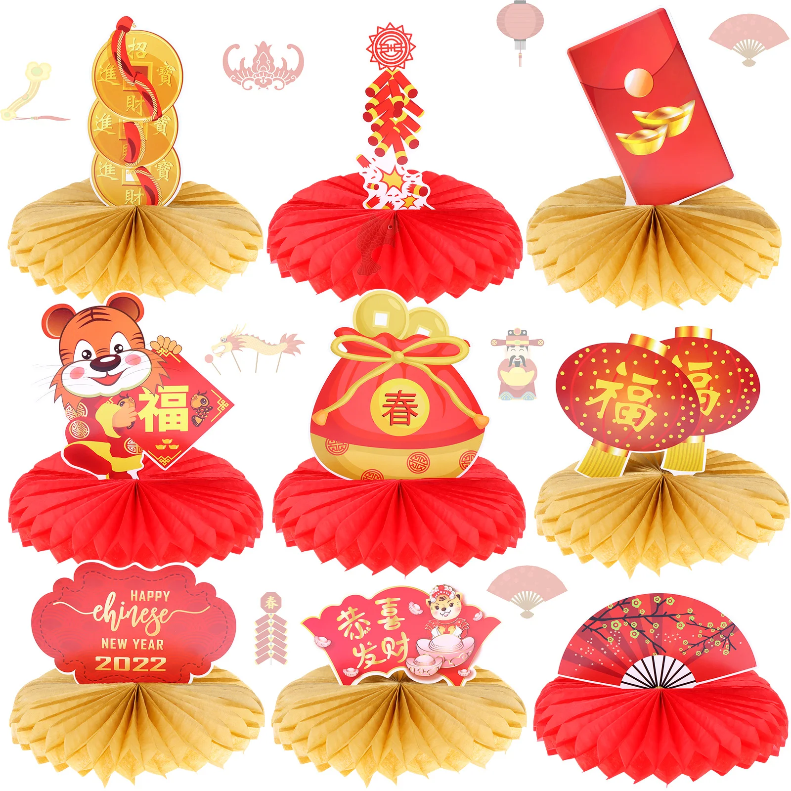 

9 Sets Chinese New Year Party Decoration Paper Fan Set 3D Honeycomb Table Decorations Table Desktop Decoration