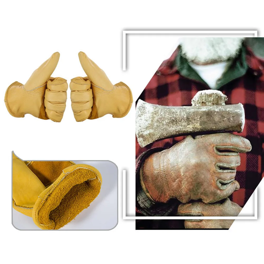 [AETRENDS] Flex Grip Leather Work Gloves Stretchable Wrist Tough Cowhide Working Gloves(Gold, S, M, L, XL) O-0047