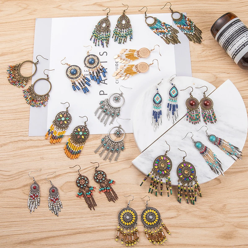 Винтажные этнические массивные длинные висячие серьги с кисточками в стиле бохо