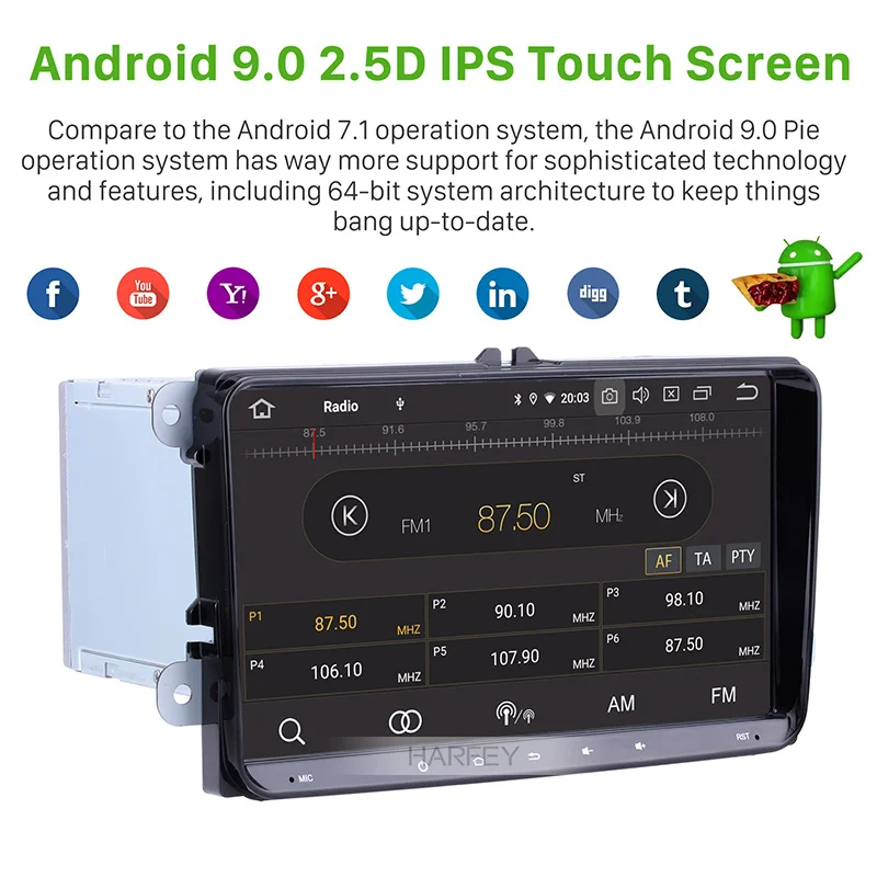 Автомагнитола Harfey Android 9 0 &quot GPS 2 din мультимедийный плеер для VW Golf Jetta Tiguan T5 B7 Passat MK5