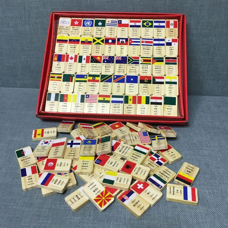 

Children Country Flags Wooden Domino Blocks Educational Toy/Kids Wooden National Flag Dominoes Block Set Early learning 100 pcs