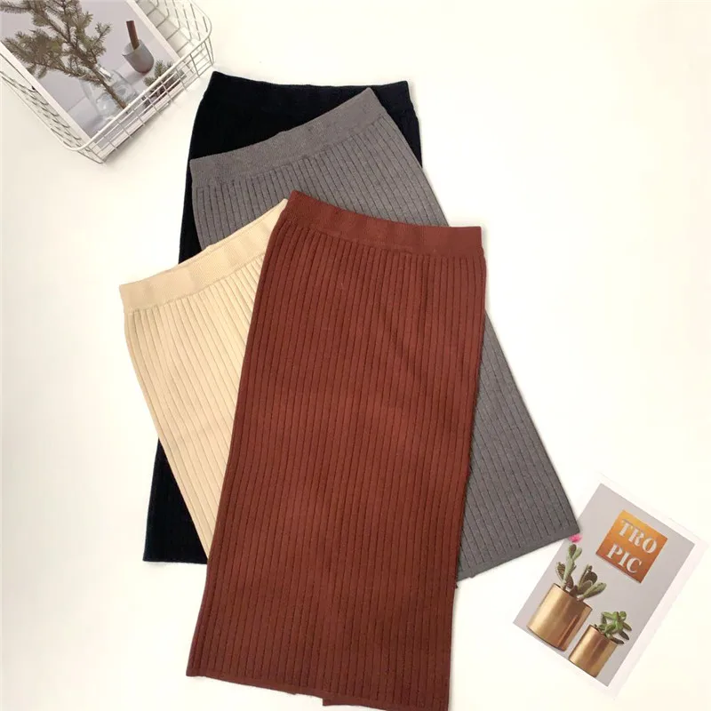Осенне зимняя трикотажная Женская юбка 2020 Новая повседневная миди с высокой