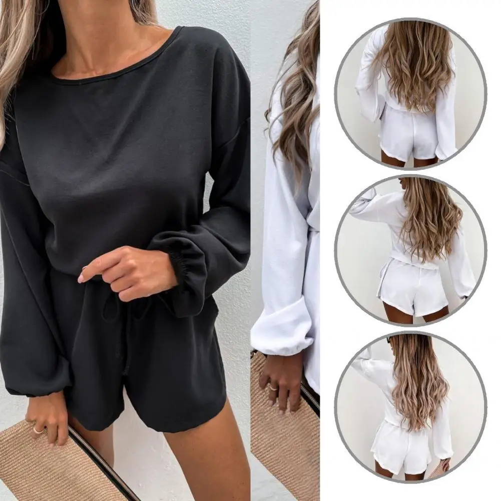 

Tracksuit 2Pcs/Set Casual O-Neck Blouse Shorts Suit Drawstring Top Shorts Suit Long Sleeve for Spring