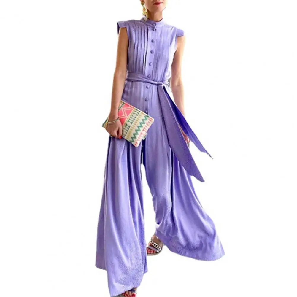 

Office Lady Long Jumpsuit Single-breasted Waist Tied Sleeveless Floral Print Stand Collar Wide Leg Belted Women Casual Romper