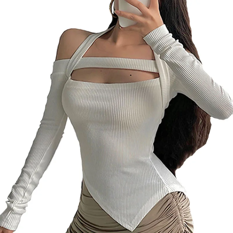 

T Shirt Women Solid Halter Hollow Out Low Cut Backless Long Sleeve Skinny Sexy Ladies Tops Party Night Club Trendy 2021 T715