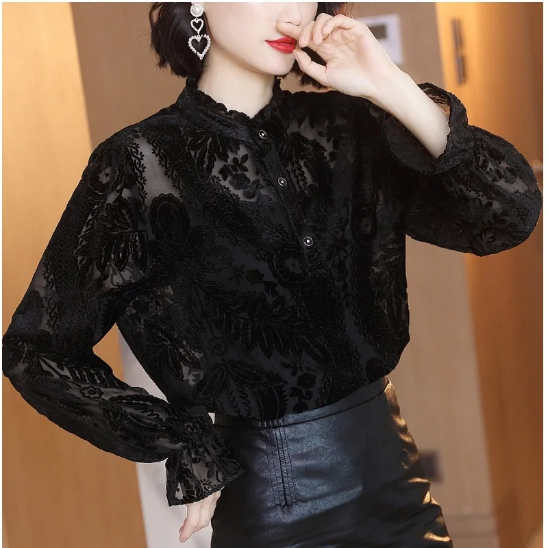Перспективная кружевная женская блузка с узором 2020 рубашка длинным рукавом Blusas