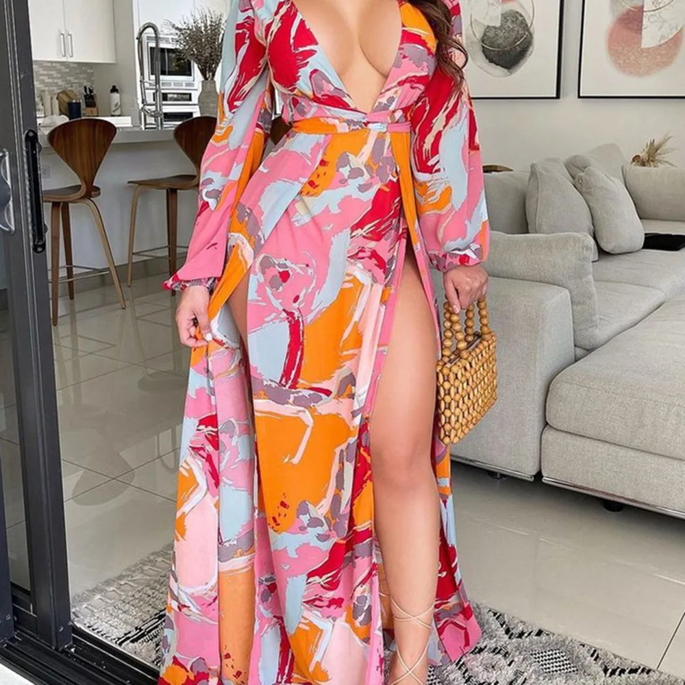 

Western Style Fashion Long Sleeve Printing Split Fork Trend 2021 Summer New Women's Dress Casual Oversize Deep V-neck