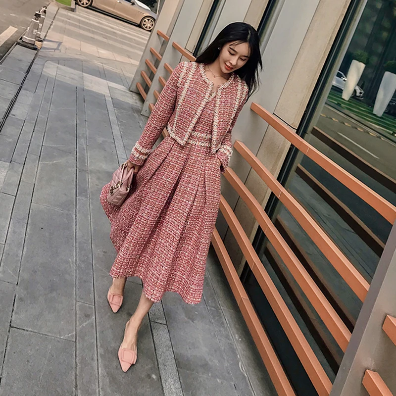 Топ бренд Мода Подиум осень зима платье женское Винтажное с длинным рукавом роскошный жемчуг твидовый в клетку шерстяная куртка и платье на бретелях 2 шт