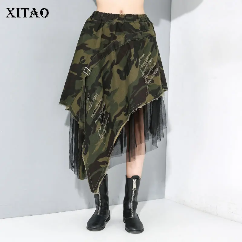 

Асимметричная сетчатая юбка XITAO, модная Новая повседневная свободная мини-юбка с эластичным поясом и леопардовым принтом, с дырками, с завыш...