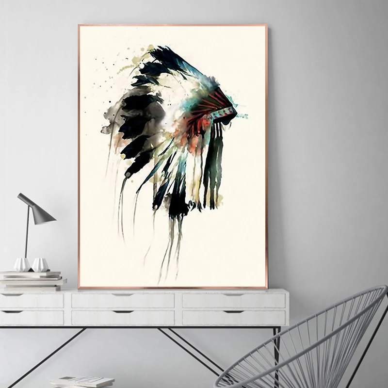 

Native Pretty Feather Headdress Oil on Canvas Painting Posters and Prints Scandinavian Wall Art Picture for Living Room Home