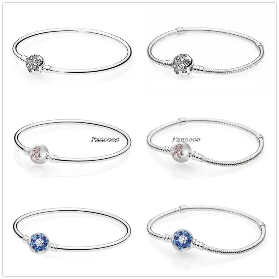 

Authentic 925 Sterling Silver Bracelet Snowflake Clasp Snake Chain Bangle Fit Bead Charm Diy Fashion Jewelry