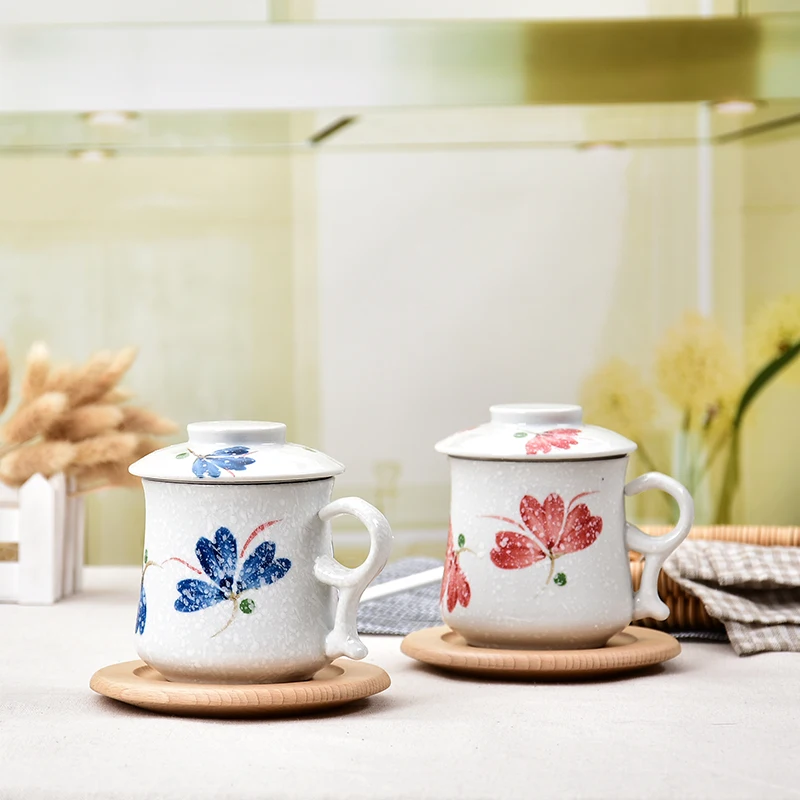 Керамическая кружка с крышкой и фильтром ручная роспись | Дом сад