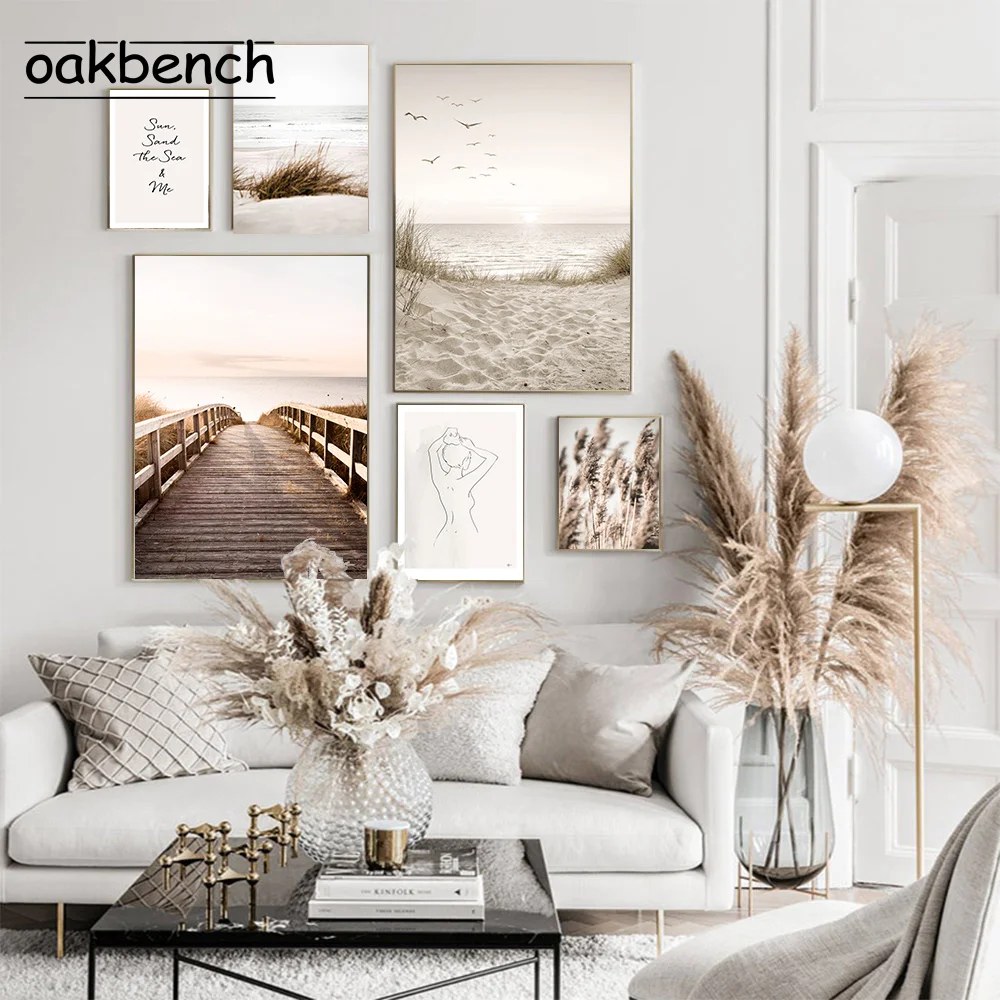 

Sea Beach Reed Bridge Posters Landscape Art Canvas Painting Abstract Woman Art Prints Nordic Wall Pictures Living Room Decor