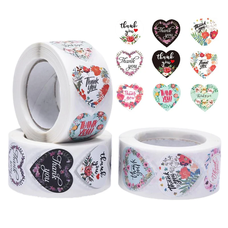 

500 шт., круглые наклейки в форме сердца, цветов