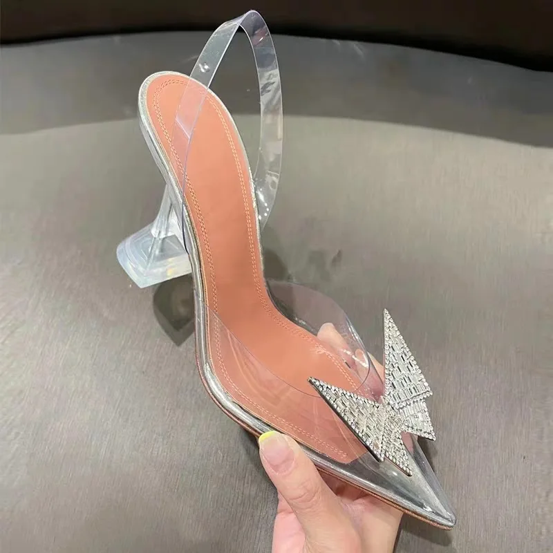 

early spring and summer new butterfly water drill button pointed high-heeled sandals women's crystal heel princess shoes