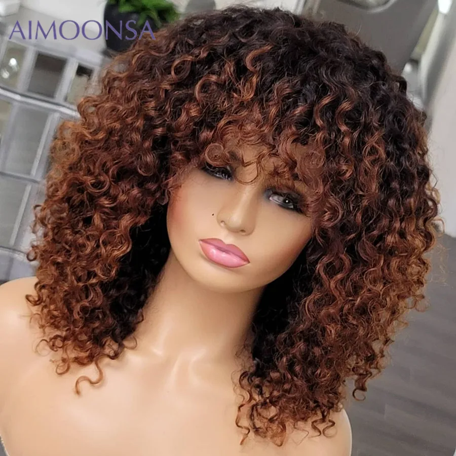 

Ombre Honey Blonde Curly Brown Wigs With Bangs Human Hair Wigs for Black Woman Pre Plucked 250% T Part Lace Mongolian Remy