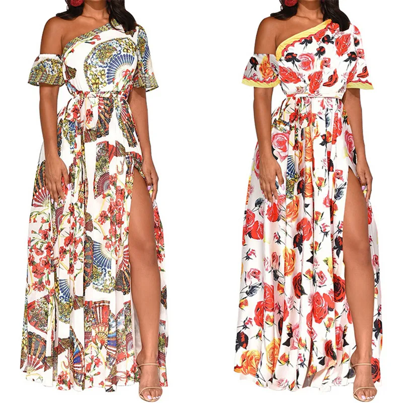 

New Fashion Summer Women Dresses Sexy Short Sleeve Off-shoulder Backless Loose Long Maxi Boho Dress Floral Printed Beach Dresses