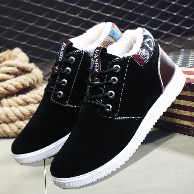 

Winter Men Brown Black Flock Casual Martin Leather Shoes Male Plush Keep Warm Snow Cotton Shoes Zapatillas Sneakers New 2020