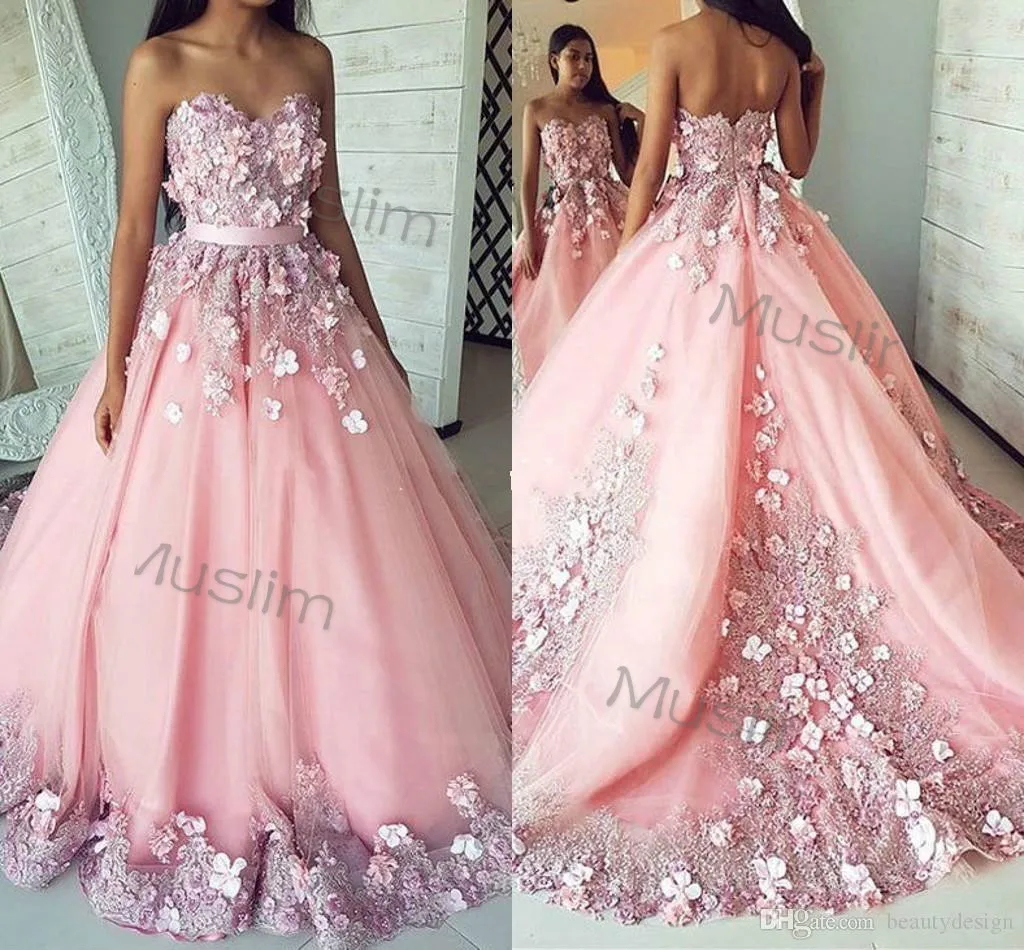 

Arabic Pink Quinceanera Dresses 2020 Sweetheart Neck Sweep Train 3D Flowers Appliques Prom Party Gowns For Sweet 16 vestidos de
