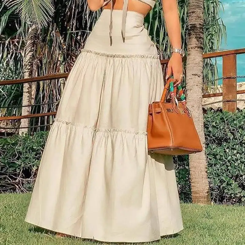 

VONDA 2021 Summer Skirts Women Solid Pleated Party Maxi Skirts Faldas De Mujer Streetwears High Waist A-line Streetwears Femme