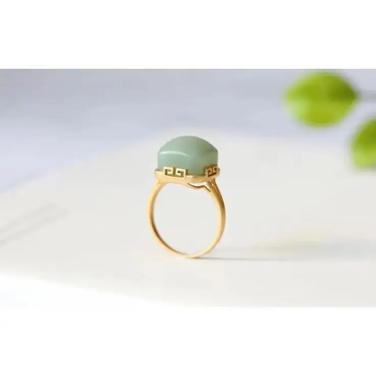 

S925 Sterling Silver Natural Hetian Jade Simple Jasper Square Ring Gem Ring Pink Green Ring Birthday Gift Jewelry