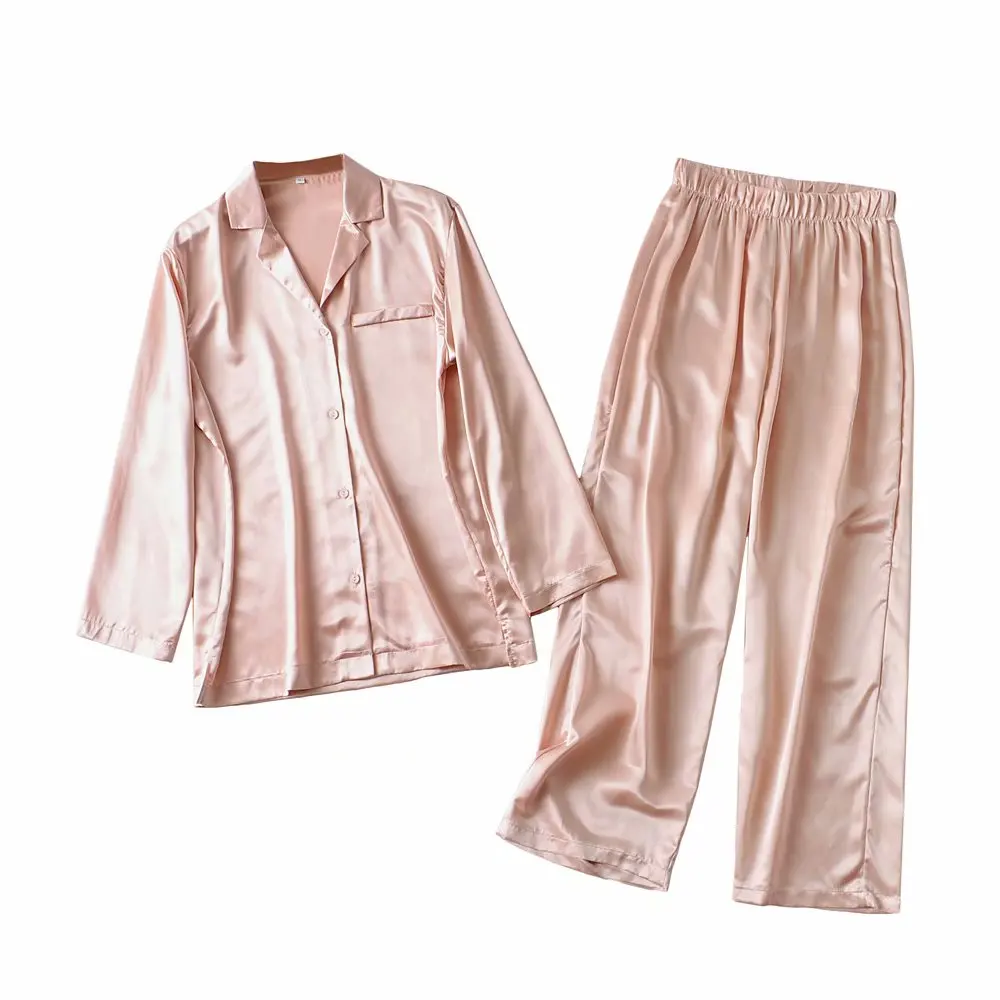 

Женский базовый Шелковый Пижамный костюм Za, повседневный свободный Мягкий Шифоновый розовый Пижамный костюм