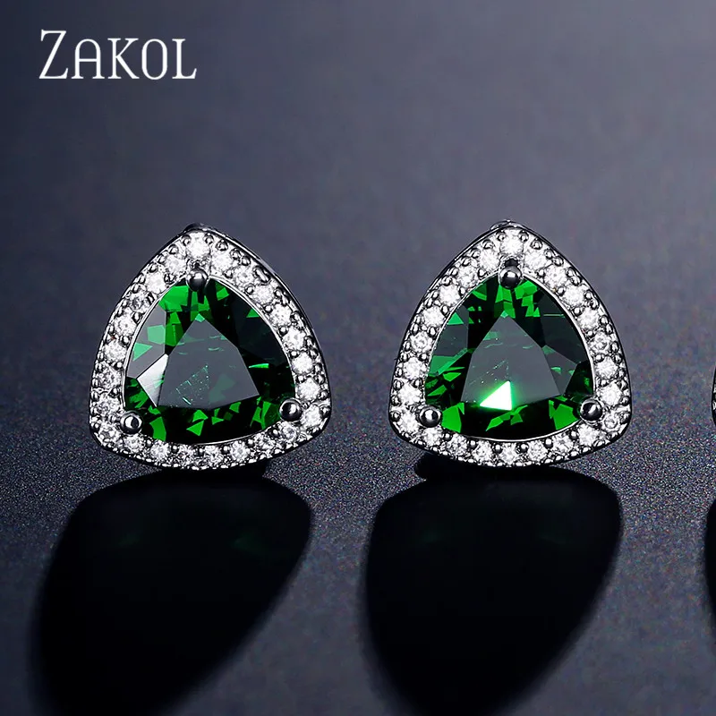 Green Высококачественные треугольные циркониевые серьги-гвоздики ZAKOL для женщин, модные вечерние ювелирные аксессуары, подарки для девушки FSEP2239 - Окраска металла: Green