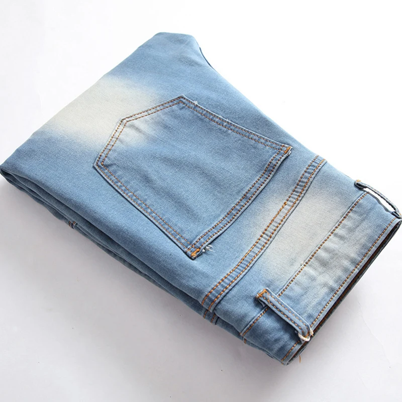 

North American Men's Amazon Foreign Trade Jeans Zipper Elastic Fashion High Street Wrinkled Black Skin Light Blue Jeans Pants