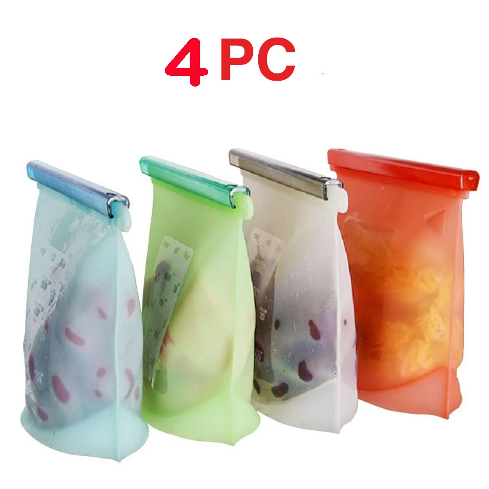 4PCS 4 шт. силиконовые свежие пакеты герметичные пакеты для хранения холодильника многоразовый вакуумный упаковщик контейнеры для хранения фруктов, мяса, молока кухонные инструменты - Цвет: 4PCS