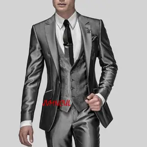Hot Sale Slim Fit Groom Tuxedos Shiny Grey Best man Suit Notch Lapel Groomsman Men Wedding Suits Bri in Pakistan