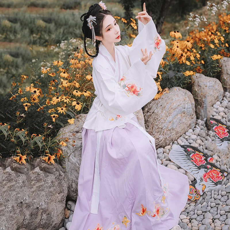 Традиционный китайский Hanfu для женщин тонкая вышивка топы Юбки династии Тан Цин представление одежда Народный танцевальный костюм DN4125