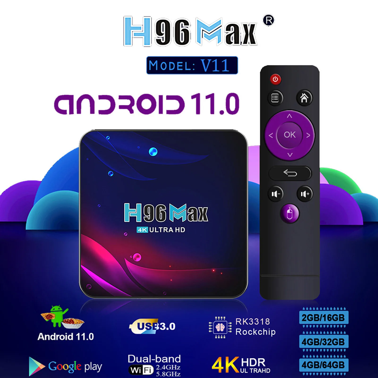 

Приставка Смарт-ТВ, Android 11, 4K HD, 2,4/5 ГГц, Wi-Fi, HDR, USB 3,0, ОЗУ 2 Гб, ПЗУ 16 Гб