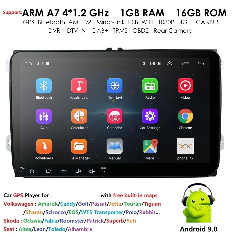 Автомобильный мультимедиа 2 Din Авто радио GPS Android 9 для VW/Volkswagen/POLO/Golf/Skoda/Octavia/Seat/Leon