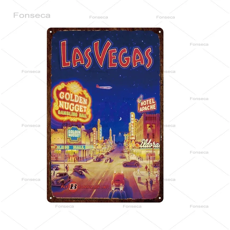 

Pub Bar Sign Travel Art Metal Sign Vintage Landscape Poster Metal Decor Sign Las Vegas City View Metal Tin For Living Room