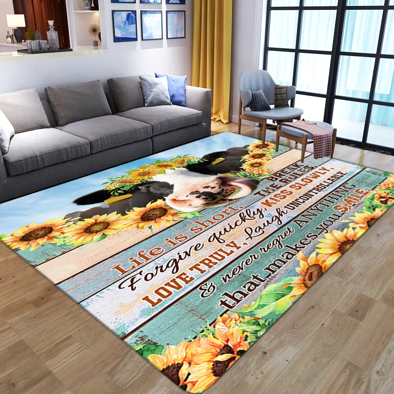 Modern Style 3D Carpet for Home Living Room Sunflower cow printed floor mat Bedside play Area Rug soft Flannel Memory Foam Decor