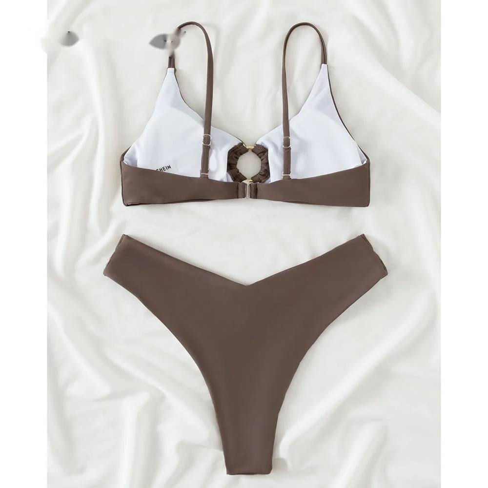Push Up Bikini Set Solid Swimwear Women Hollow Metal rings Swimsuit High Cut Bathing Suits Sexy Biquini Beachwear | Женская одежда