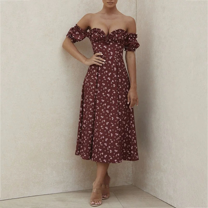 

Off The Shoulder Midi Dress Summer Floral Side Open Vacation Holiday Outfit Short Sleeve Sexy Sundress Women Elegant Dresses