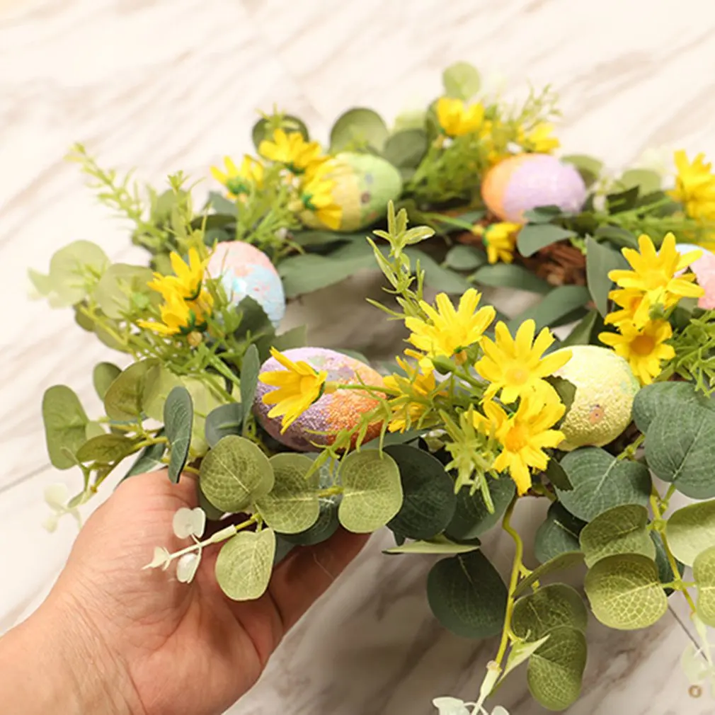 

Новый Пасхальный венок с яйцами 40 см, весенний Пасхальный венок с цветами, листьями эвкалипта, Висячие праздничные украшения на стену и окно