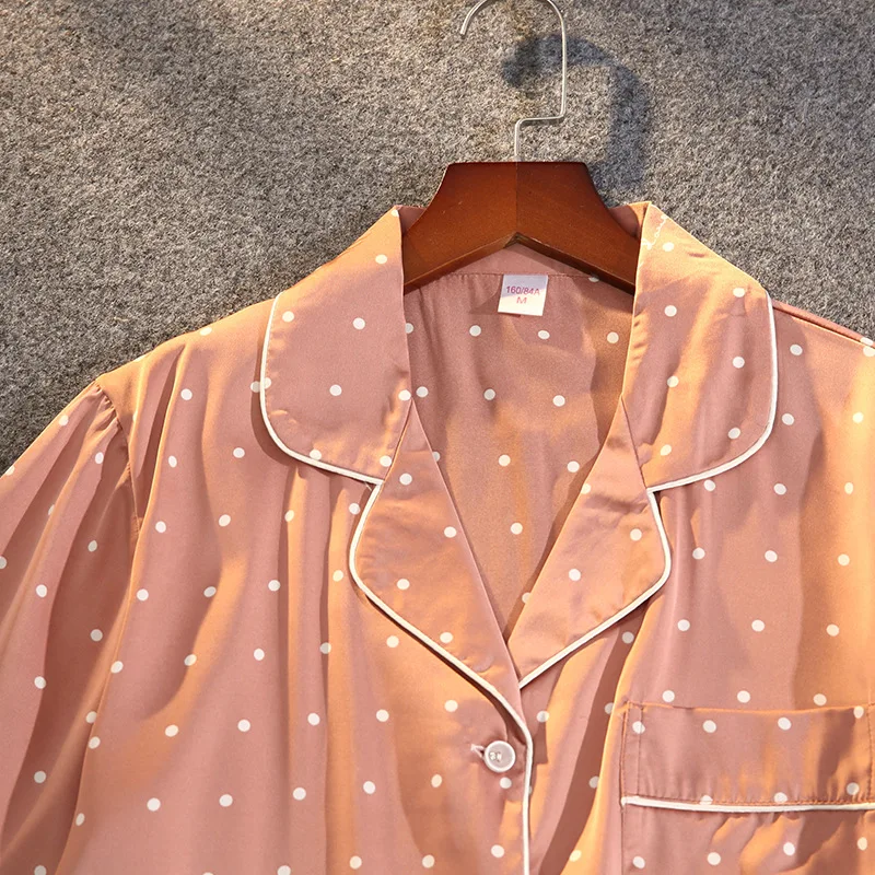 Summer New Polka Dot Print Pajamas Women's Satin Chiffon Soft Touch Sexy Lace Short-sleeved Shorts Suit Sleepwear