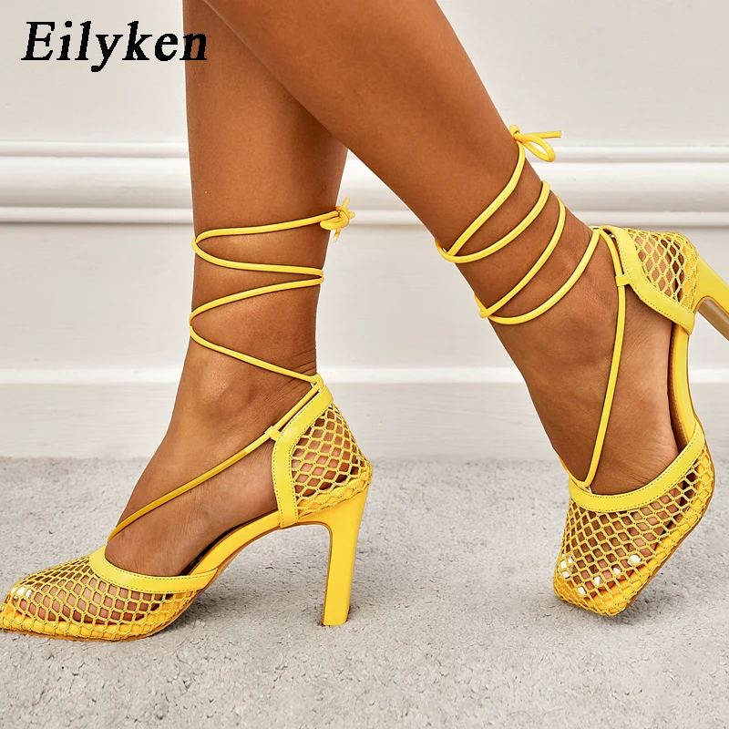 

Eilyken 2022 New Style Breathable Mesh Pumps Sandals Summer Square Toe Women Hollow Lace-Up Wedding Party Shoes