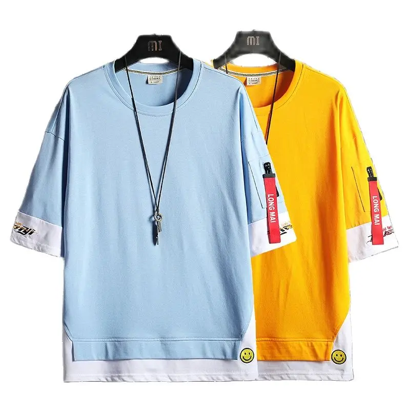 

2021 Summer Cotton Short Sleeve T-Shirt Men's Fashion Fake Two loose five-quarter sleeved T-Shirt Tops