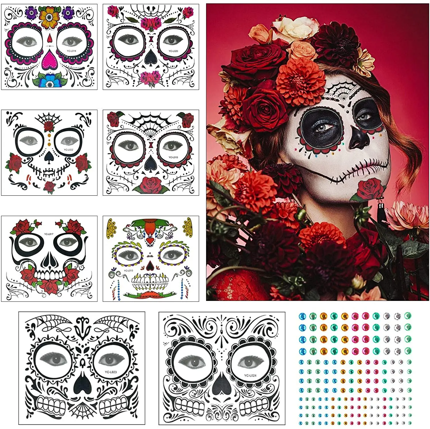

metable 80 pcs Temporary Face Tattoo Skull Floral Black Spider for Men Women Carnival Masquerade Bachelorette Party Fright Night