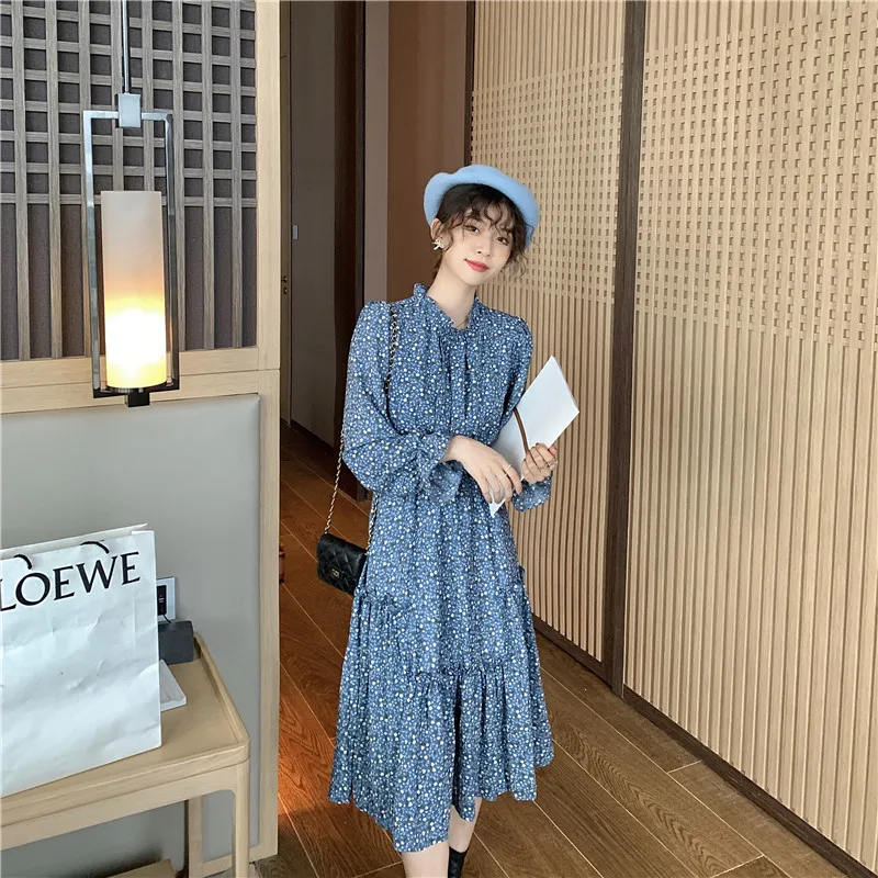 

2 Colors Women Floral Chiffon Dress Spring Summer 2021 Long Sleeve Korean Elegant Vintage Casual Party Night Runway Vestidos New