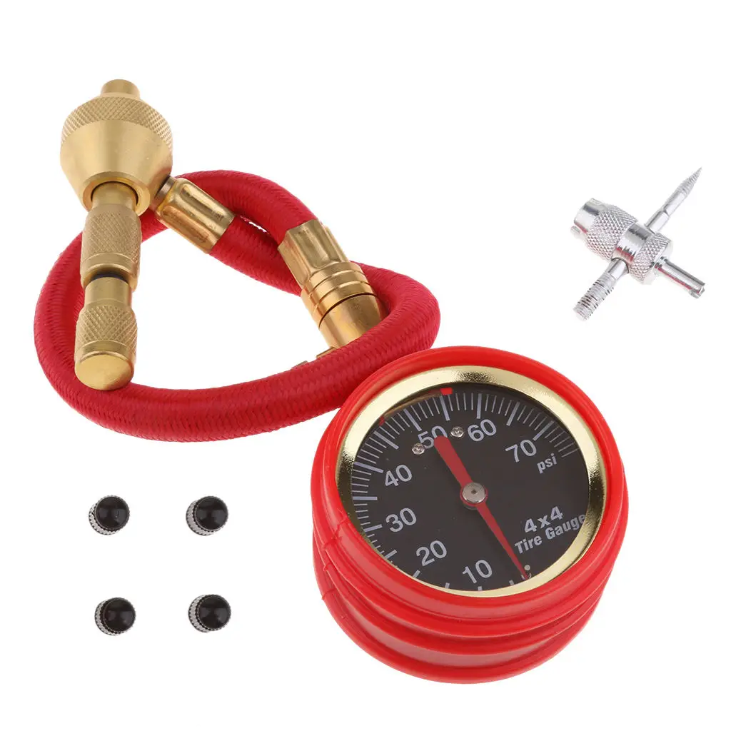 Red Mechanical Pointer Tire Pressure Gauge Tyre Deflator Kit with 4 Valve for Automobile Cars Trucks Repair Tools |