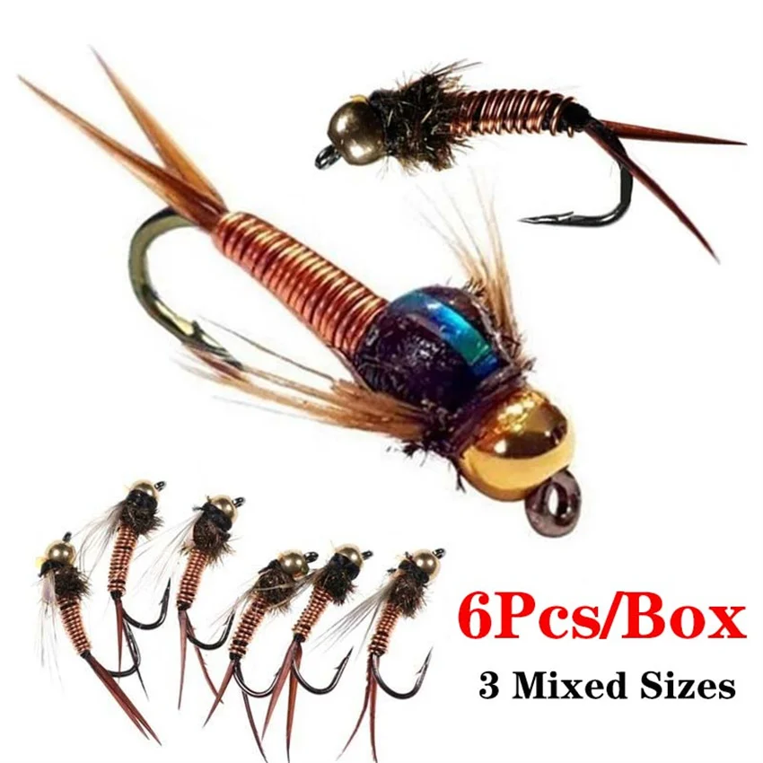 

6Pcs Brass Bead Head Fast Sinking Nymph Scud Fly Bug Worm Trout Fishing Flies Artificial Insect Fishing Lure