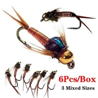 6pcs brass bead head fast sinking nymph scud fly bug worm trout fishing flies artificial insect fishing lure