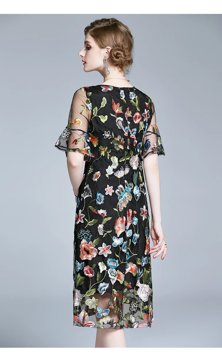 

ZAWFL Women Summer Elegant Embroidery Mesh Dress Festa Female High Quality Designer Long Party Vestidos Vintage Robe Femme